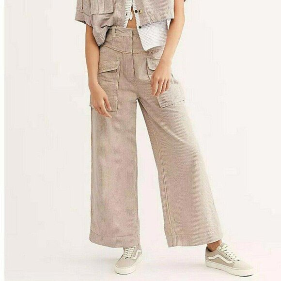 Free PeoplePop Over Trouser Pants Striped Wide Leg HIgh Waisted S 6 NEW